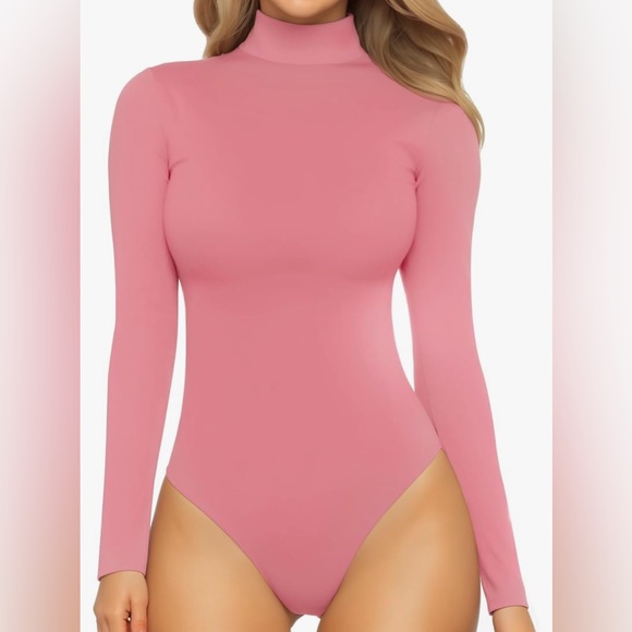 Amazon Tops - MANGOPOP Women's Mock Turtle Neck Long Sleeve Tops Bodysuit Baby Pink- Size M